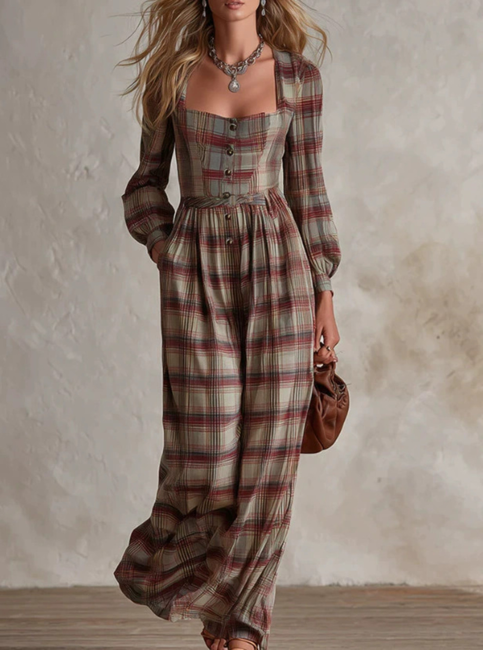 ZARA Retro Plaid Flared Long Dress V Neck French Style Elegant Autumn Winter